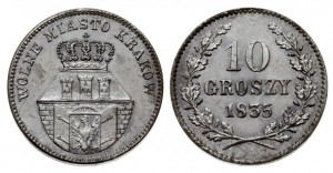 10 грошей 1835 года - WOLNE MIASTO KRAKOW. Серебро