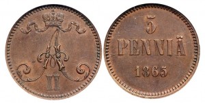 5 пенни 1865 года - Медь