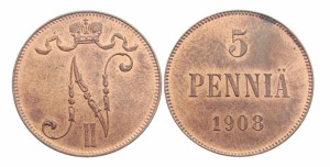 5 пенни 1908 года - Медь